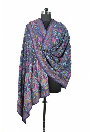 Floral Kantha on Crepe with Paisleys on Border