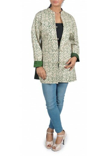Printed and Kantha Embroidered Tussar Jacket