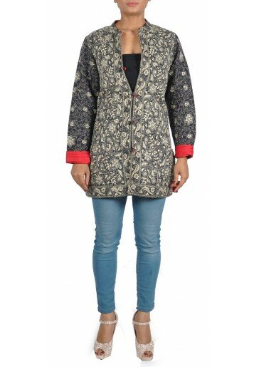 Reversible, Floral Kantha Embroidered Silk Jacket