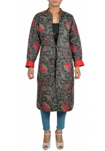 Reversible, Floral Kantha Embroidered Long Jacket