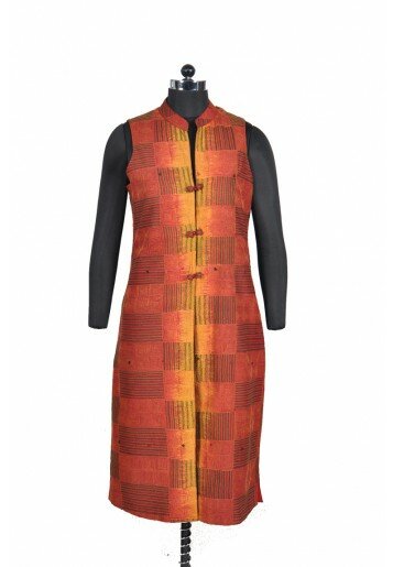 Sleevless Kantha Emboidered Cotton, Long Jacket 