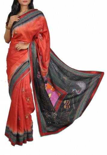 Kantha Embroidered (Jamini Roy Art)Tussar Saree
